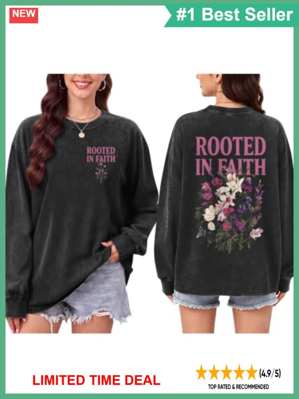 Oversized Christian Long Sleeve Shirt Faith Bible Verse Floral Graphic Tee Acid